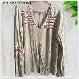Tan V-Neck Bishop Sleeve Button Down Shirt
